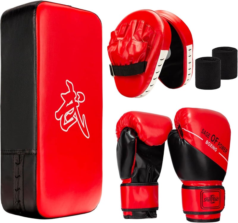 ZERUIDM 4-in-1 Kids Boxing Pads Gloves Kick Punching Mitts Set, Leather Hand Target Focus Pads, MMA Muay Thai Pads for Kicking Taekwondo Karate Kickboxing, Youth Boxing Training Sparring Gear Equipment - Image 1
